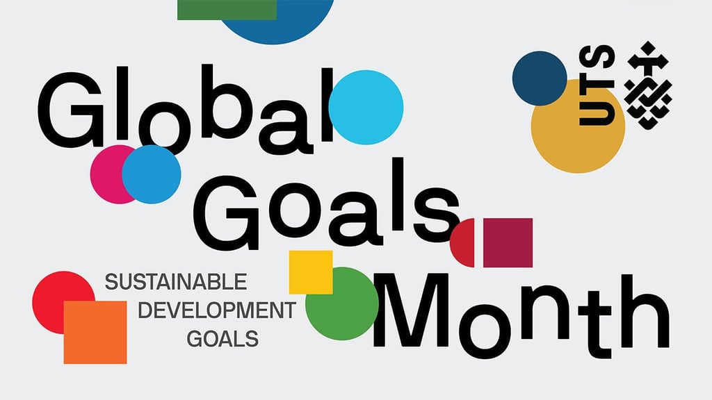 Colourful geometric shapes surround bold text reading "Global Goals Month," with smaller text underneath stating "Sustainable Development Goals."