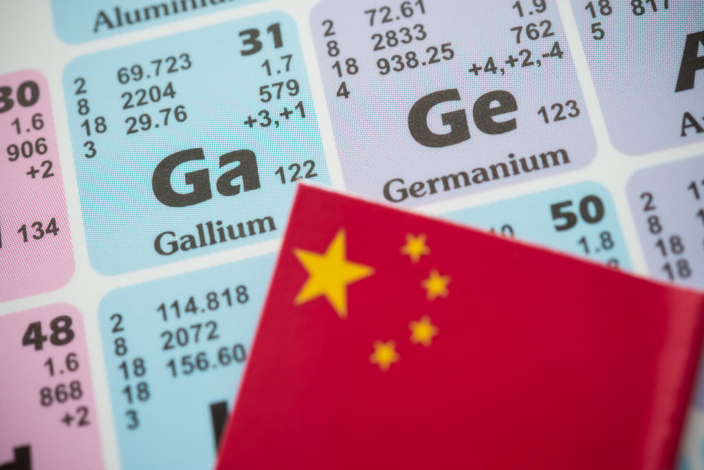 Ge (Germanium) Ga (Gallium) in the periodic table with a Chinese flag. Picture by pla2na/Adobe Stock