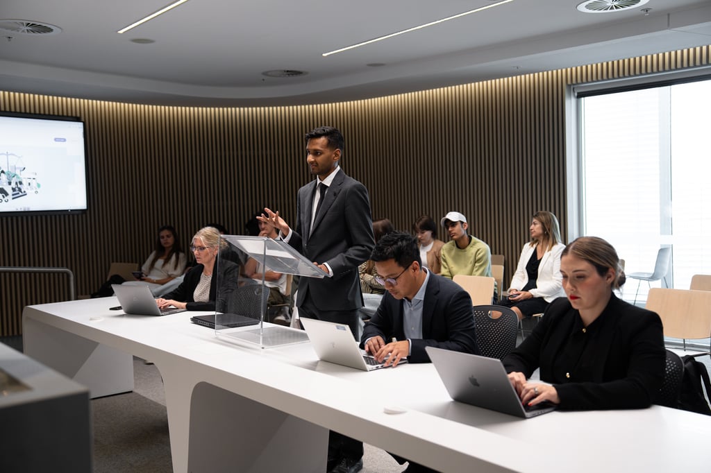 Sai presenting an argument in the UTS Moot Court, where students develop their courtroom skills