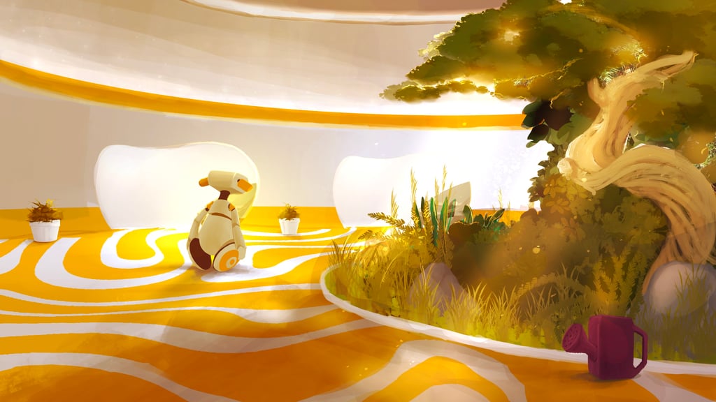 Artwork of the robot moving through a spaceship