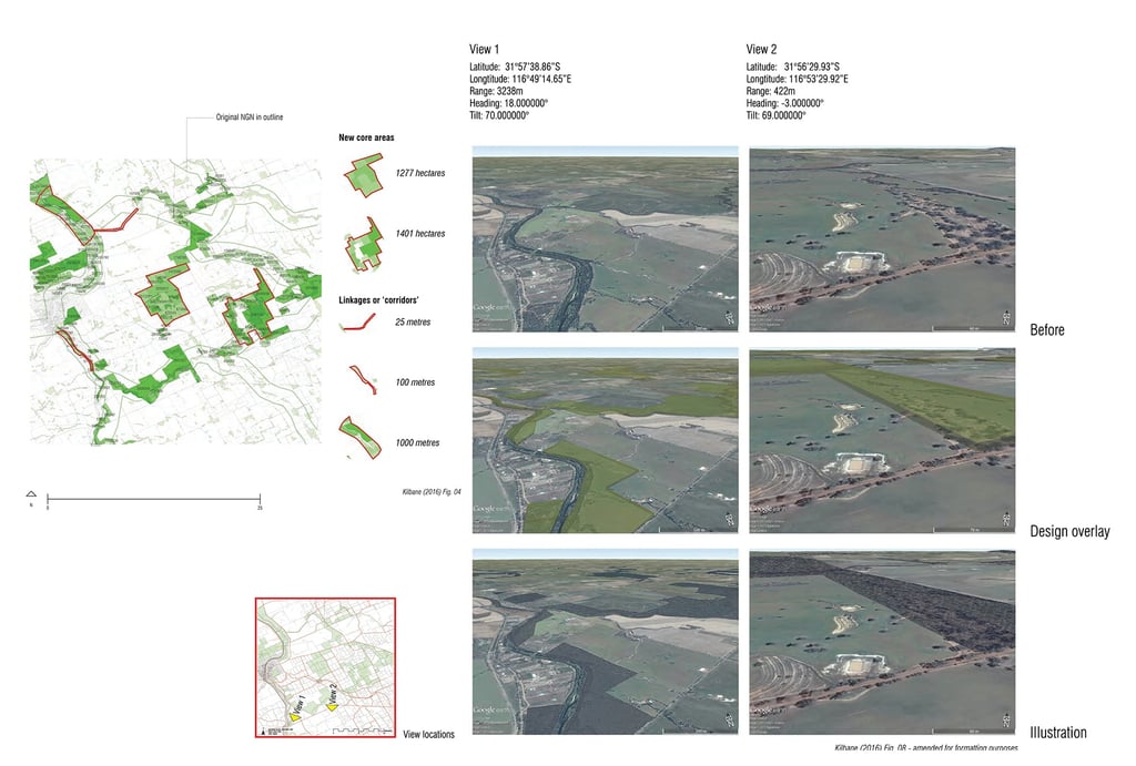 Infographic showing two arial images that are then overlaid with the design and the illustration that results.