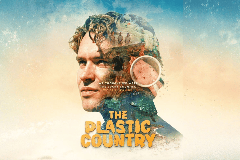 The Plastic Country promotional graphic featuring a person’s profile filled with images of landscapes, people and plastic waste.