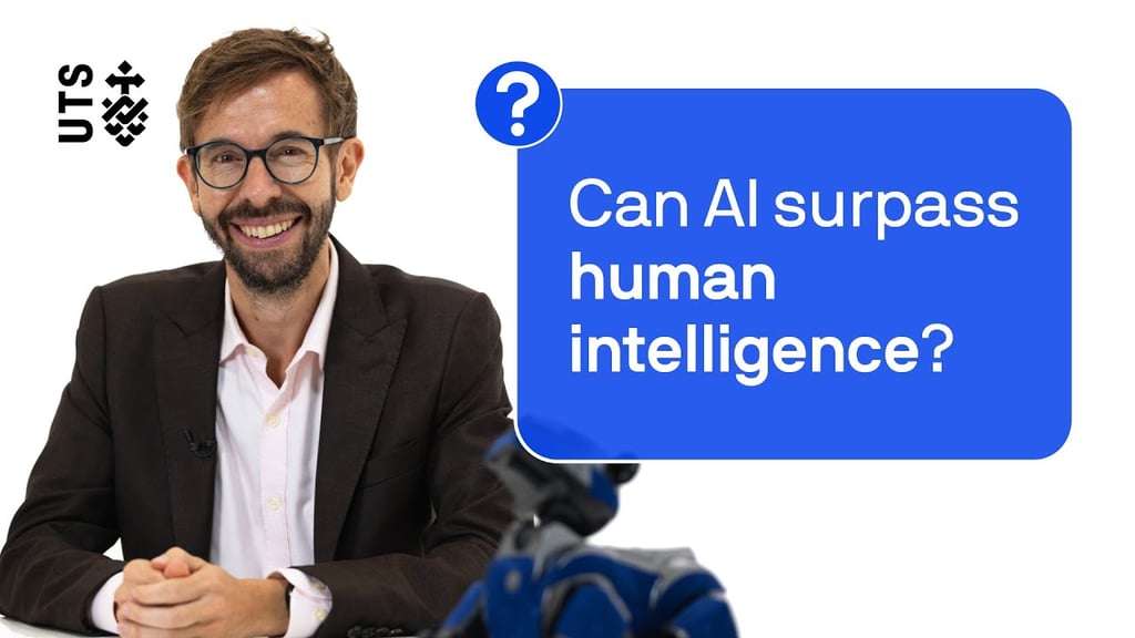 Professor Adam Berry from University of Technology Sydney appears on screen with a question card reading "Can AI surpass human intelligence?".
