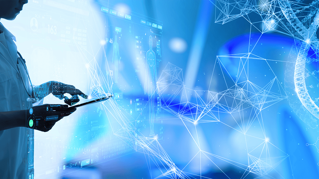 healthcare professional using a digital tablet with futuristic medical data and DNA graphics overlaid