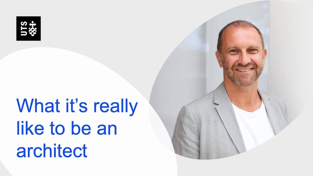 Smiling man in a gray blazer with text: "What it’s really like to be an architect" on a light background with UTS logo at the top left.