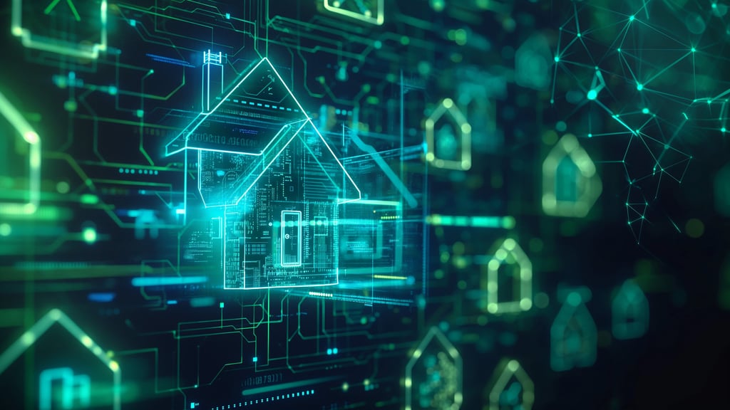 Glowing green digital house icons represent smart home technology on a dark, futuristic circuit board background, conveying innovation and connectivity.