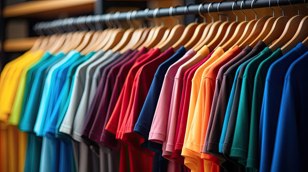 A variety of colourful T-shirts neatly hang on wooden hangers, ranging from blues and greens to reds and yellows, creating a vibrant, organised display.