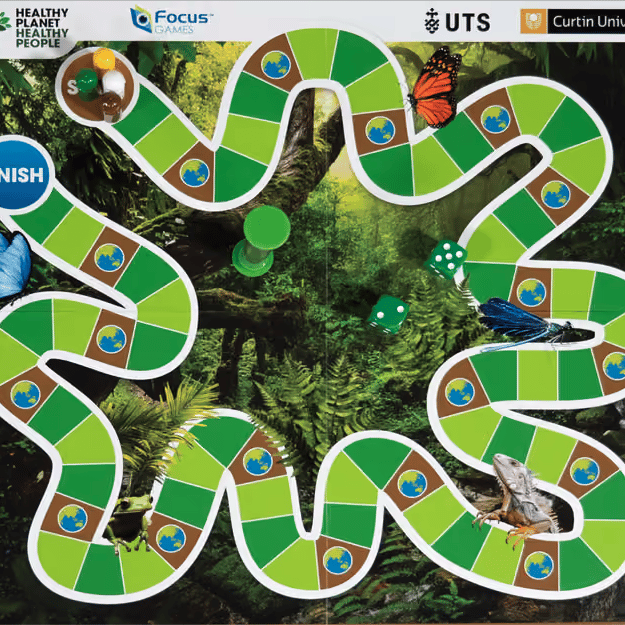 Rainforest board game with a winding path, playing pieces and dice.