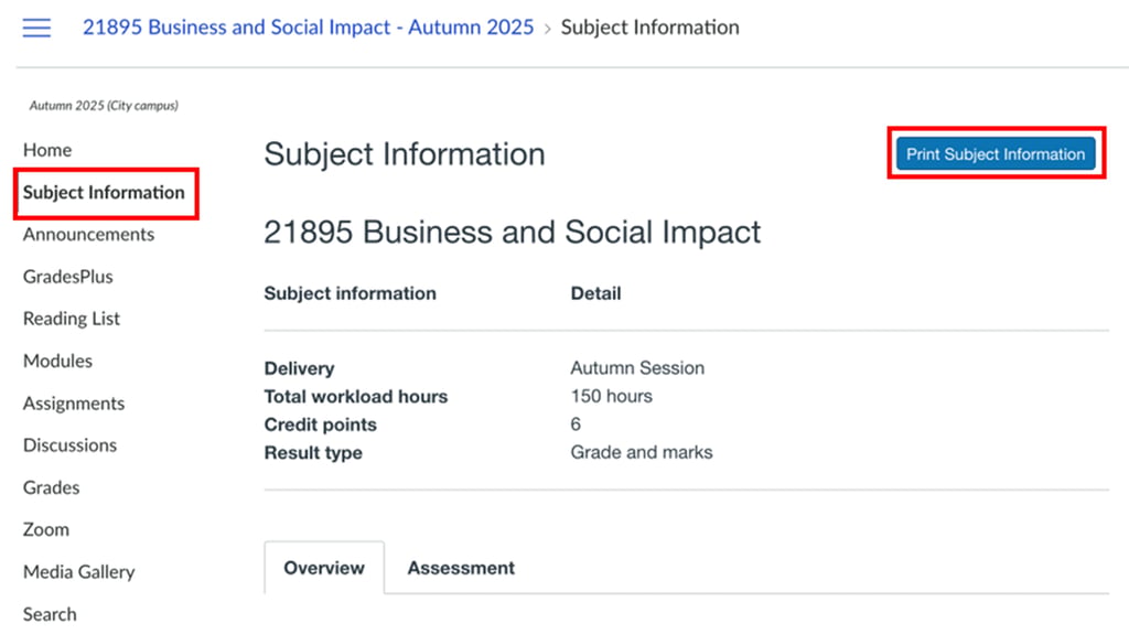 Screenshot of subject information