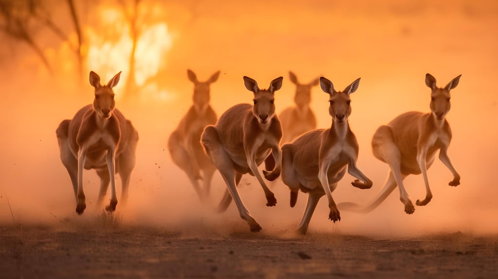 A group of kangaroos bounds towards the camera against a glowing, orange sunset.