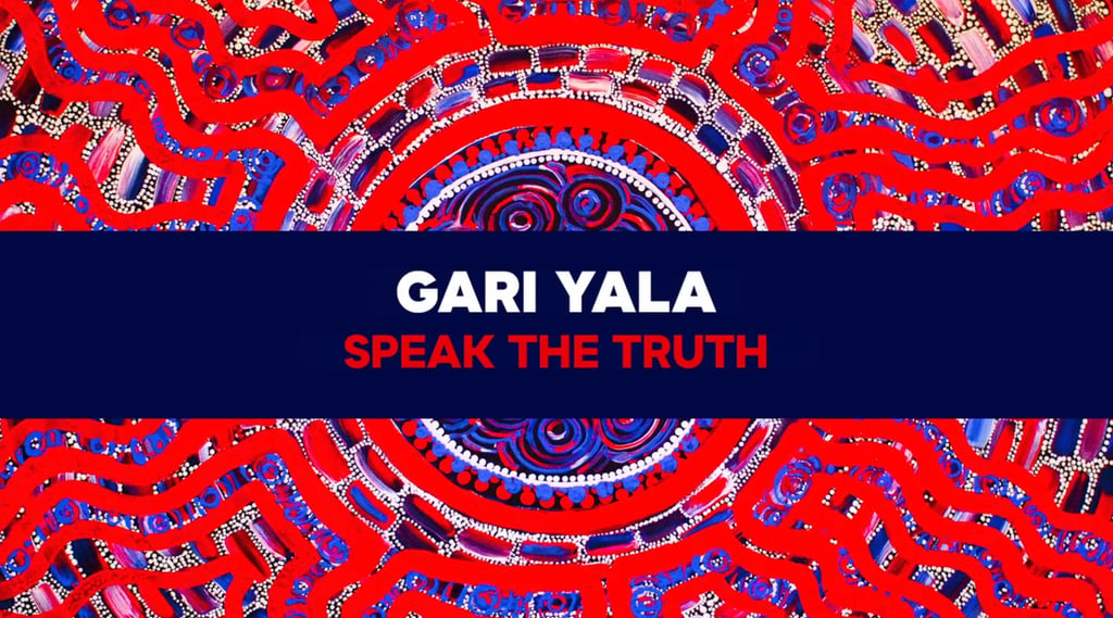 Kirsten Gray artwork featuring bold red and blue swirling patterns with intricate dots. Text overlay reads "Gari Yala Speak the Truth" in bold white and red font.
