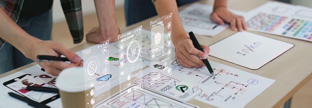 Close up ux developer and ui designer brainstorming interface wireframe design