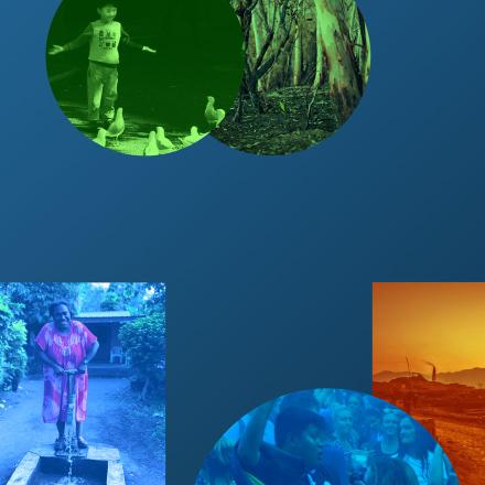 Collage of outdoor, forest, underwater and landscape scenes on a blue background.