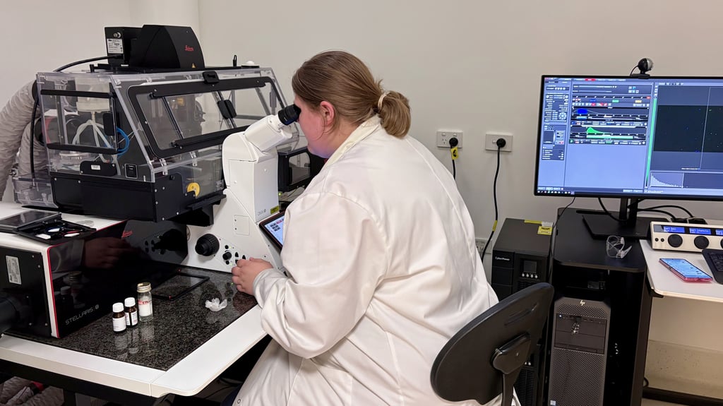 A person in a white lab coat uses a Leica STELLARIS 8. A computer with scientific software is on the right, displaying data analyses.