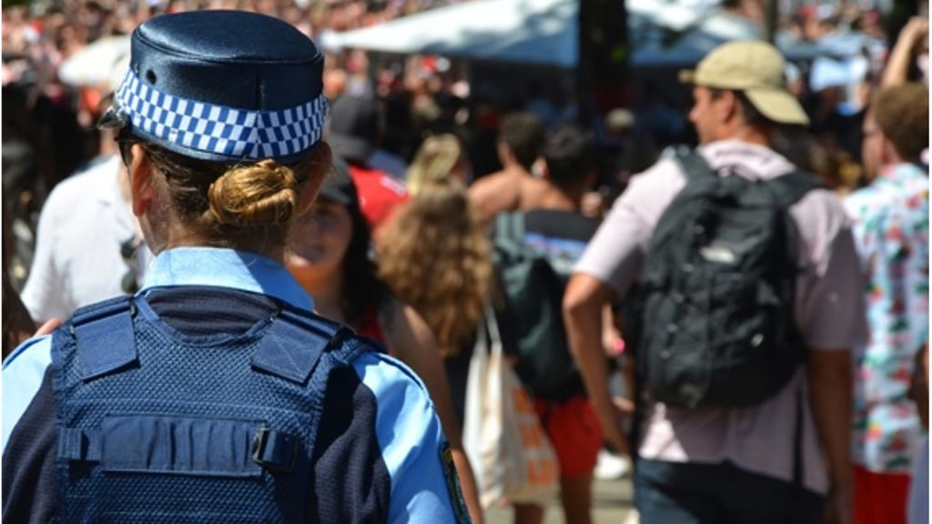 A police officer in uniform observes a large outdoor crowd with many people gathered under sunny conditions.