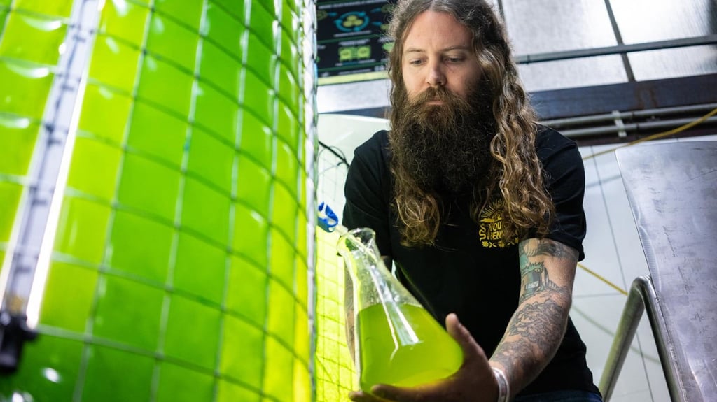Man with long hair and beard examines a flask of green liquid in an industrial lab. Bright, glowing tanks surround him, suggesting a scientific setting.