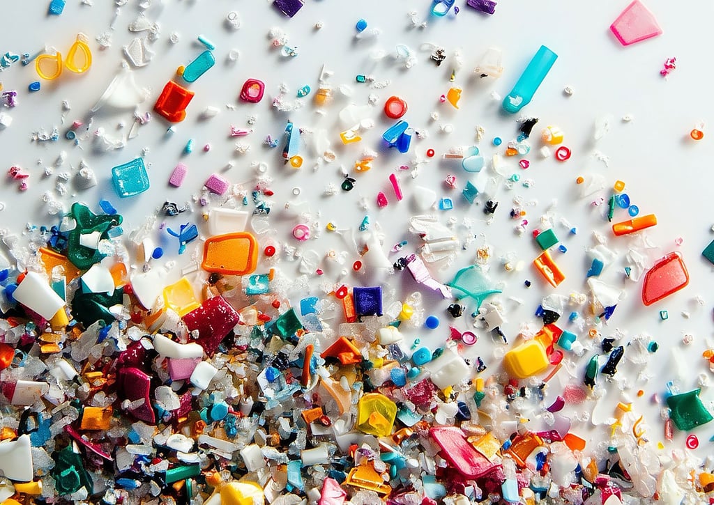 An outstretched hand with multi coloured tiny plastic particles falling across it.