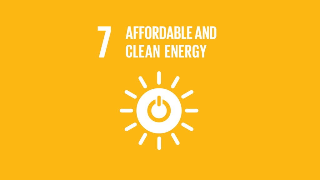 A bright yellow background with a white icon of a sun and power button. Text reads "7 Affordable and Clean Energy".