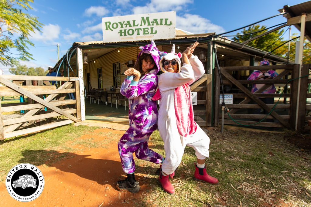 Steffi Dourado and Ali Davies dressed up as unicorns for Shitbox Rally 2026