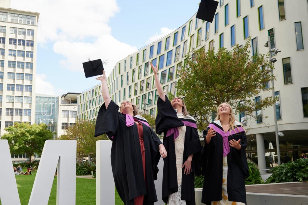 graduates throwing caps up in the air