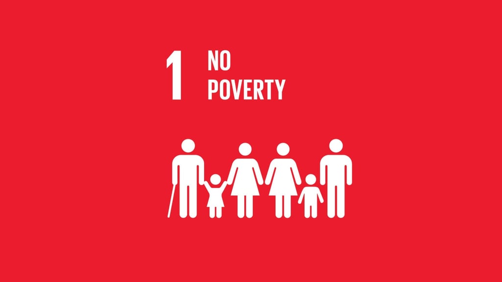 Red background with white silhouettes of a diverse family, including a person with a cane, representing "No Poverty" as the first Sustainable Development Goal.