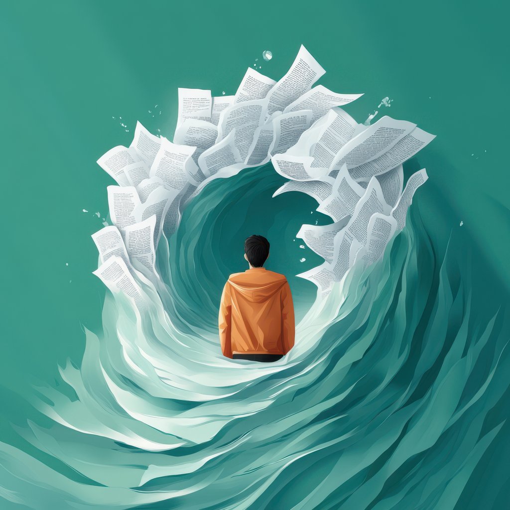 An illustration of a figure facing a haloed wave of information