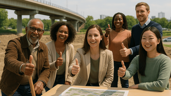 Six people, standing and sitting outdoors by a bridge, smile and give thumbs up around a table with a site plan or map on it.
