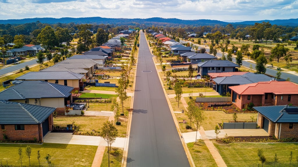Aerial view of a suburban street lined with modern houses featuring various roof colours. Neatly landscaped gardens and trees create a peaceful atmosphere.