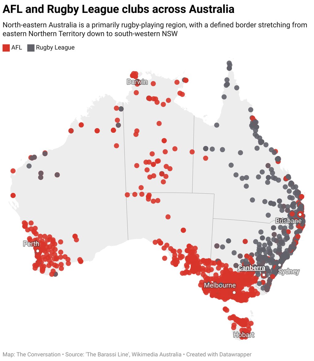 Map of Australia showing different regions where rugby league and AFL are played.