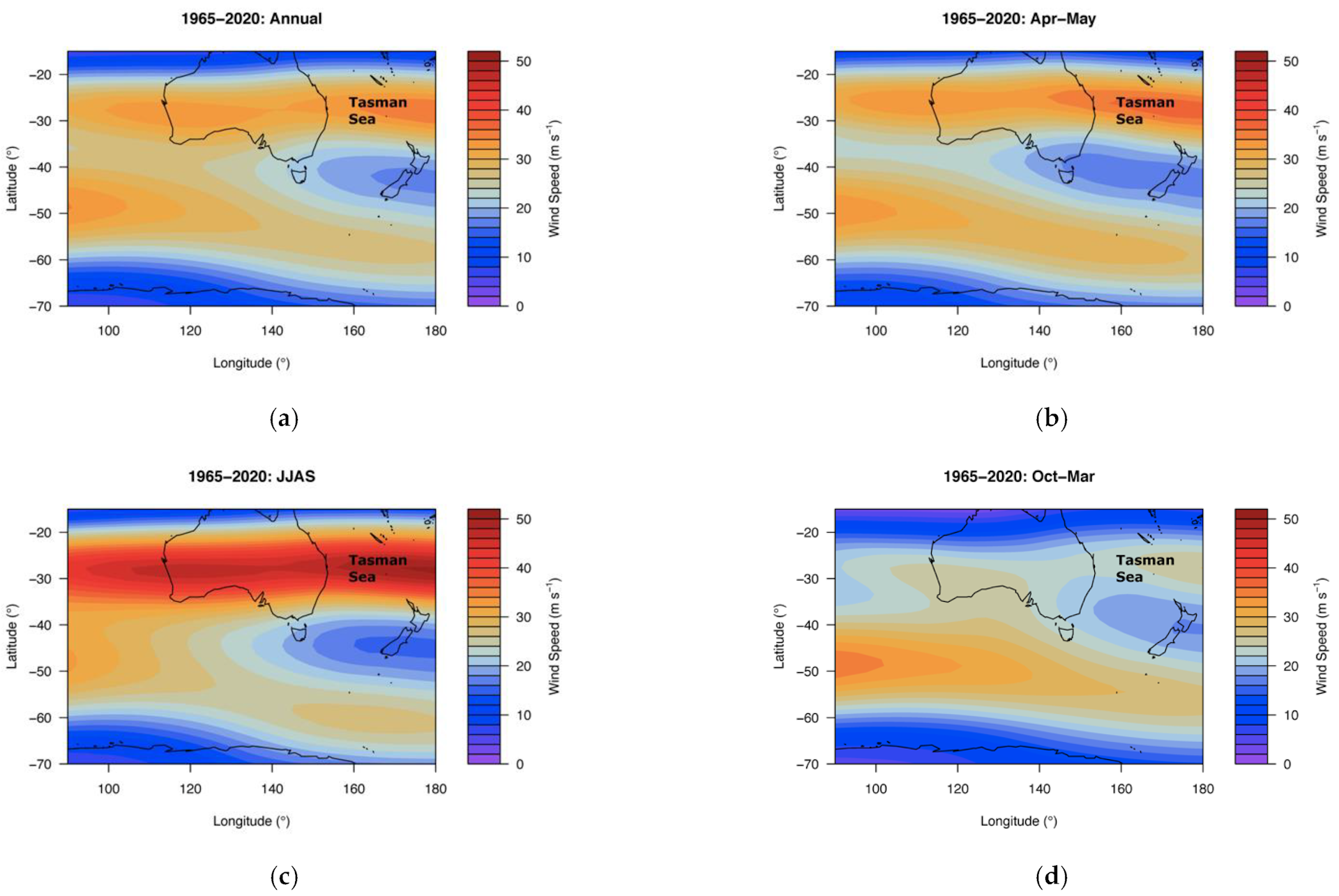 Four maps showing conditions in the jet stream over southern Australia and New Zealand at different times of year.