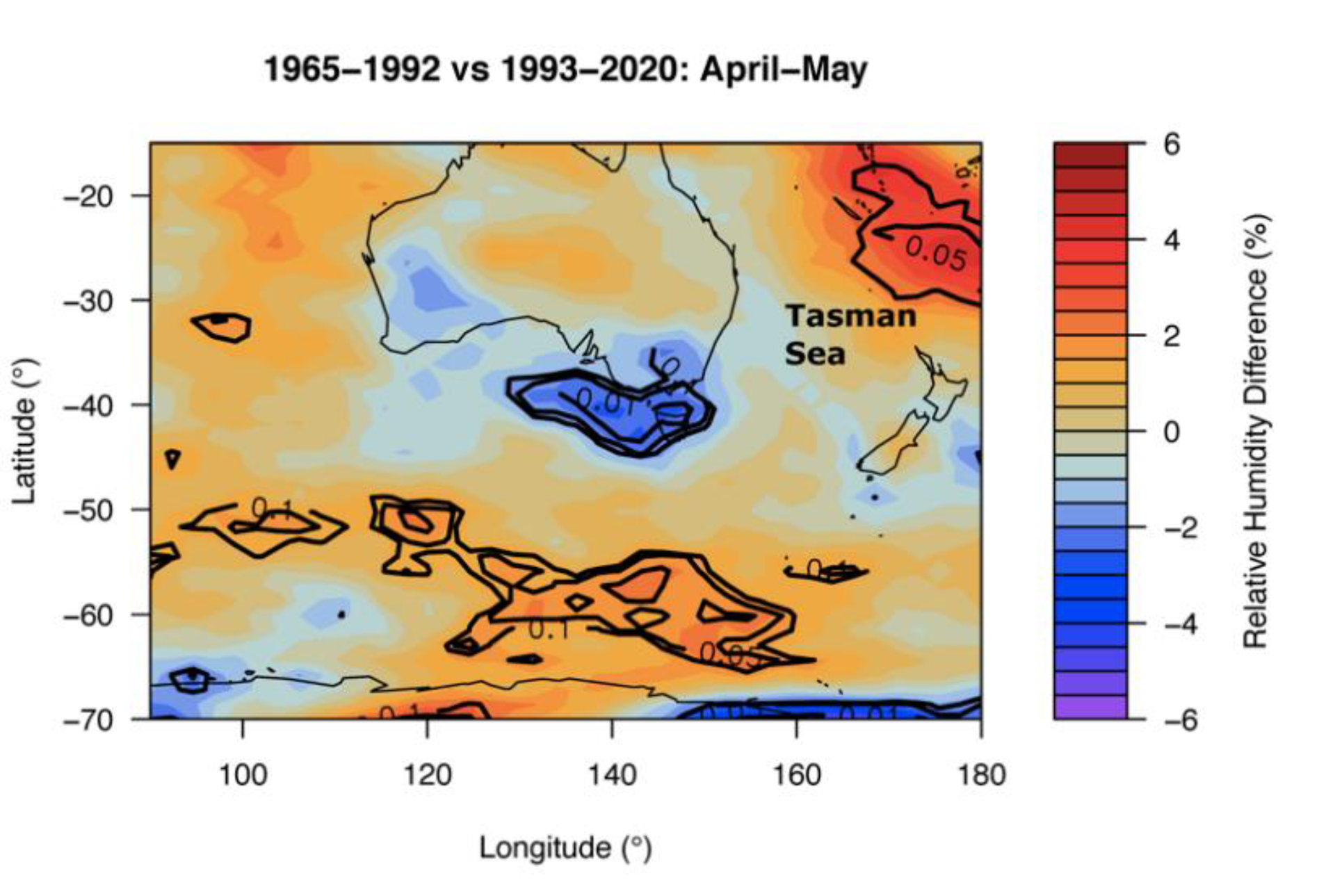 A map of Australia and New Zealand showing how humidity has changed since the 1990s.