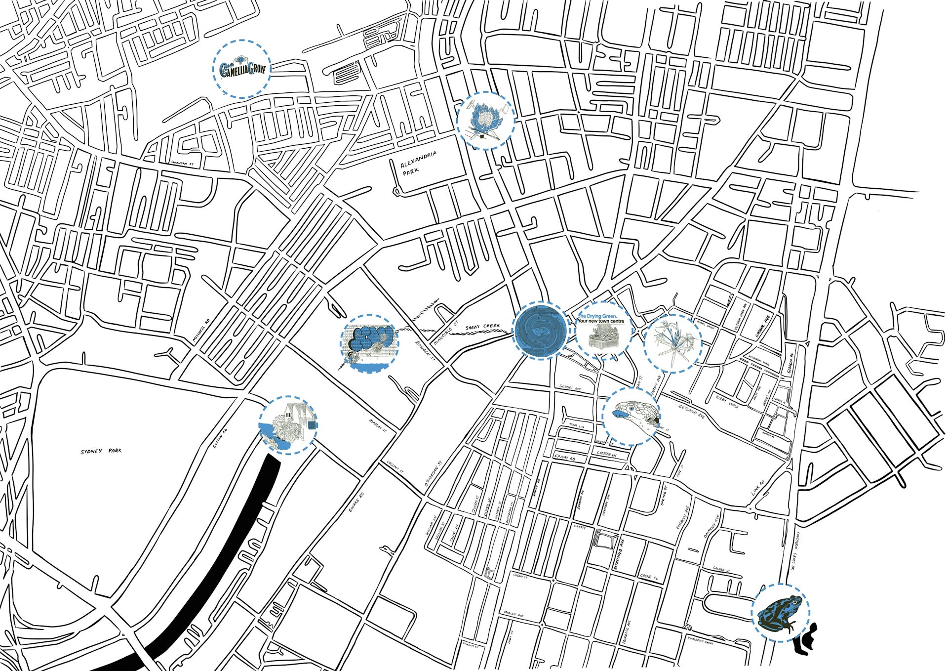 hand-drawn map with illustrations drawn in circles