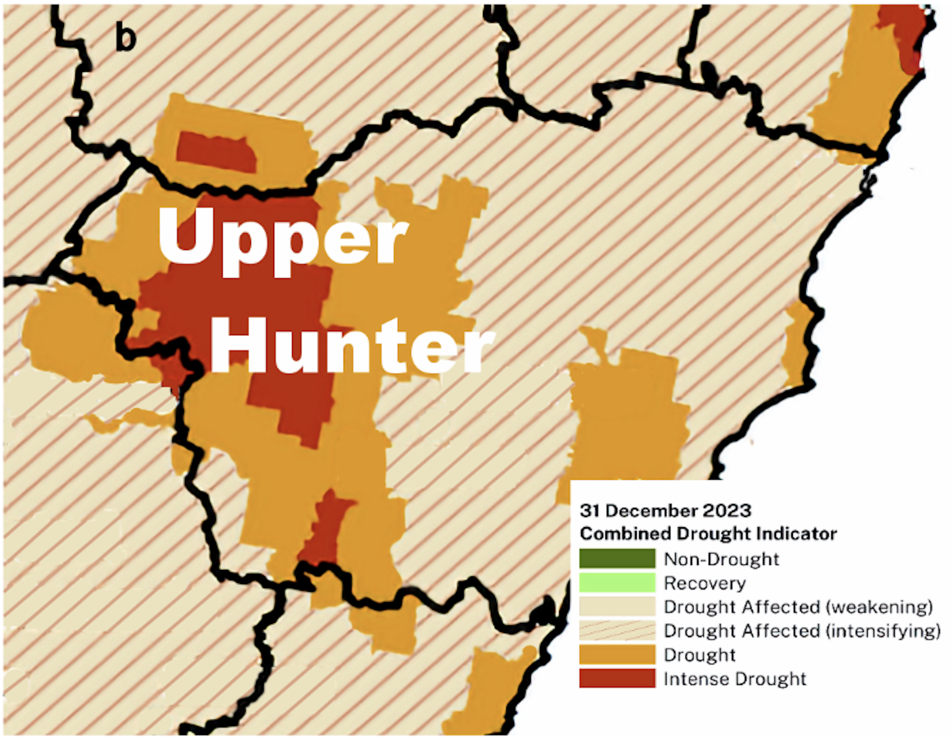 Map of Upper Hunter region showing drought indicators in December 2023