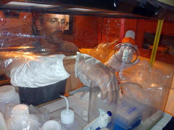 Professor Jay Cullen, School of Earth and Ocean Sciences, University of Victoria, processes shipping lane samples for trace metals studies