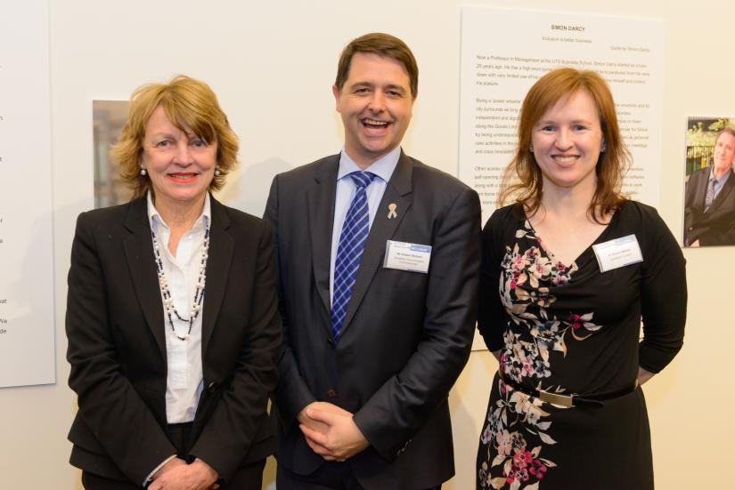 Professor Shirley Alexander, Disability Discrimination Commissioner, Mr Alastair McEwin, and Curator Dr Naomi Malone at the exhibition launch of  Access and Inclusion: Disability at UTS.