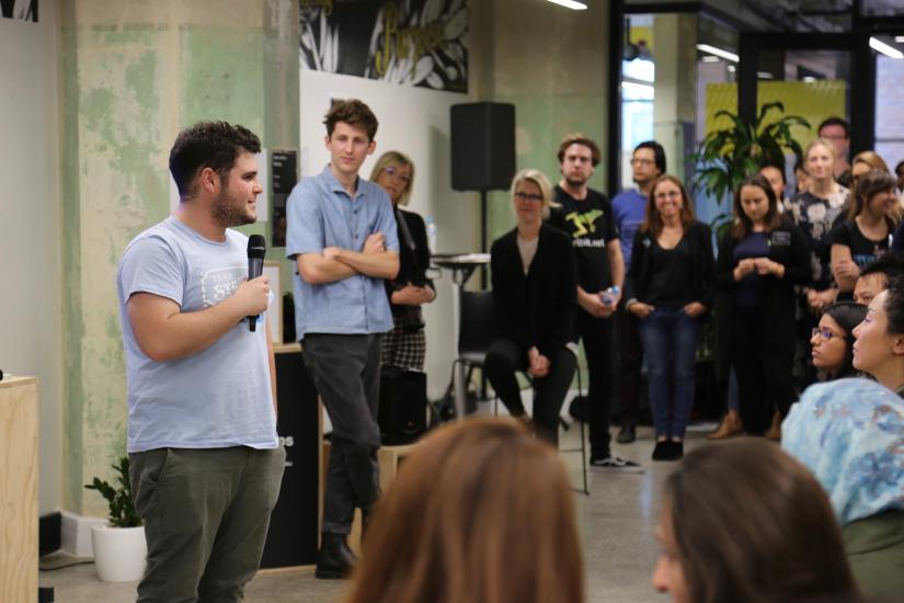 Daniel Wasilewsky pitches at the Festival of Future You 'Intern with a Startup' event. Photo by Holly McDavitt.