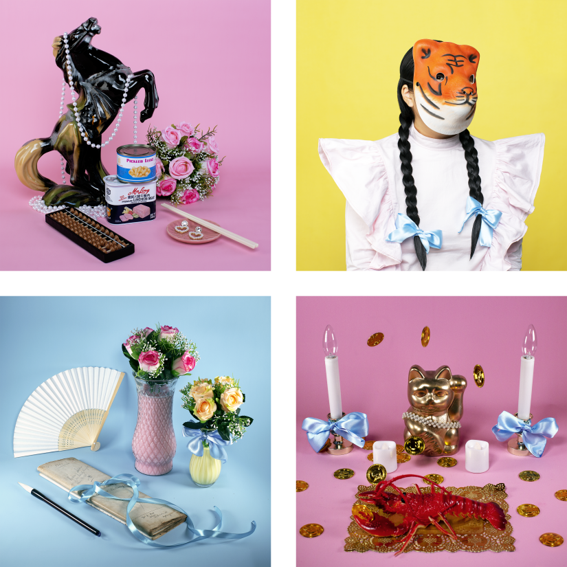 Four colourful photographs of a variety of kitsch objects including pearls, lucky cat figurine and fake flowers