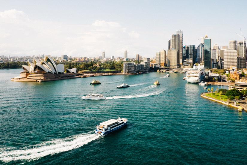 Aerial shot of Sydney Harbour, facing Circular Quay and the Sydney Opera House.