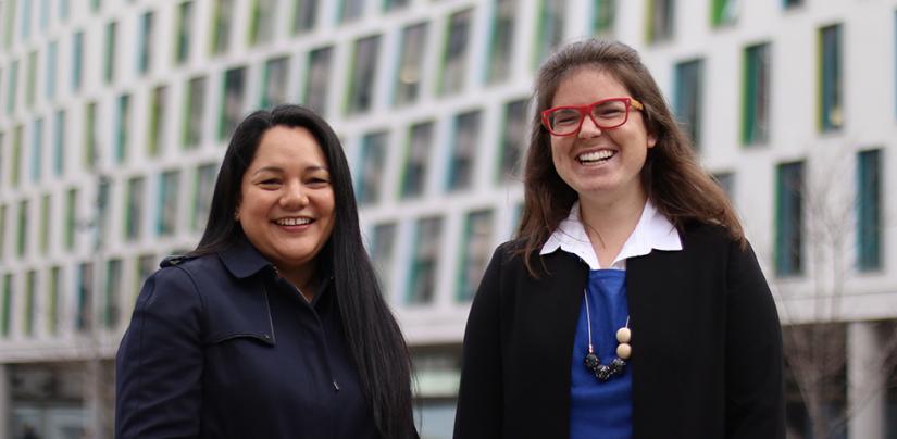 UTS Science Lecturer Yvonne Davila and Emily Quinn Smyth smiling on the UTS Alumni Green.