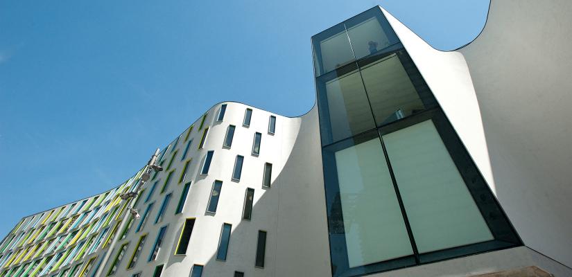 Looking up at the rippling Vicki Sara Science building