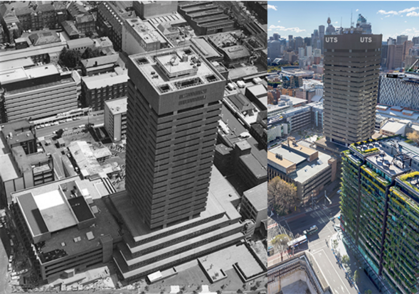 Black and white photo of the tower building next to the tower building today