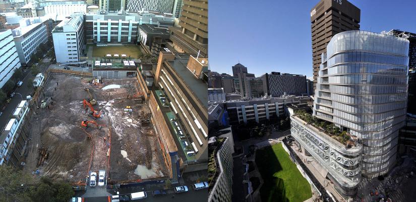 Excavation of Alumni Green and overlooking Alumni Green and UTS Central today