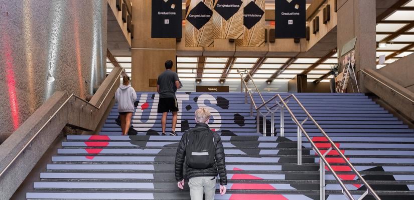 UTS Tower interior steps with students