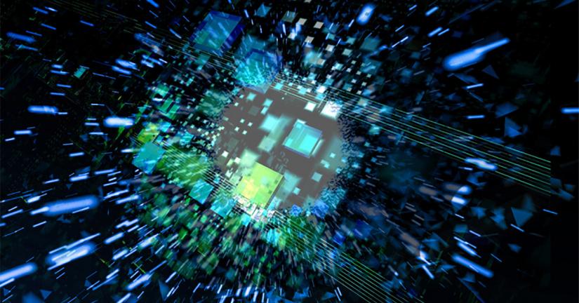 Bright blue light shining through abstract technology/computer circuit