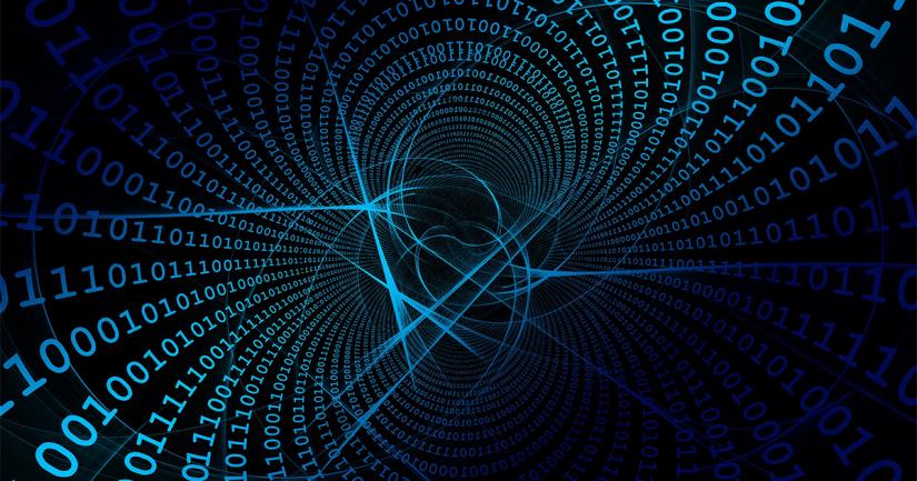 Classical data represented as zeros and ones with interactive blue light to represent quantum circuits