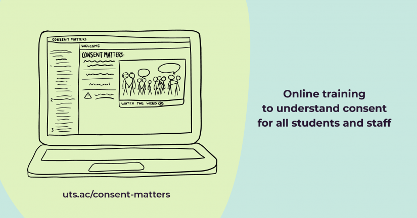 Hand drawn image of computer with Consent Matters module