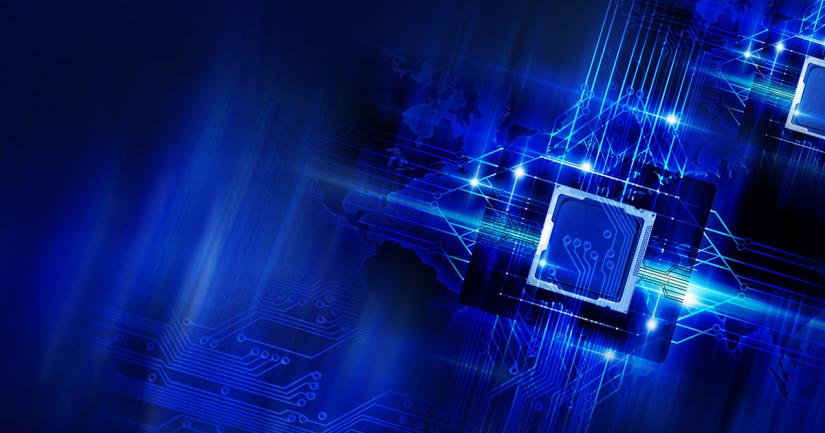 Abstract computer chip and bright lights with map of the world in the background (blue tones)