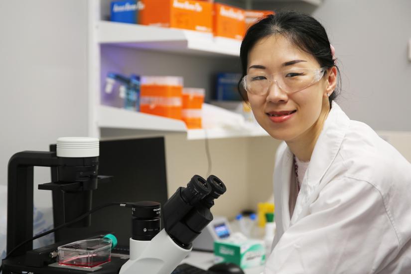Dr Jiao Jiao Li stands at her microscope in her lab at UTS