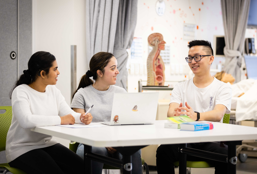 Group of health students working together at table
