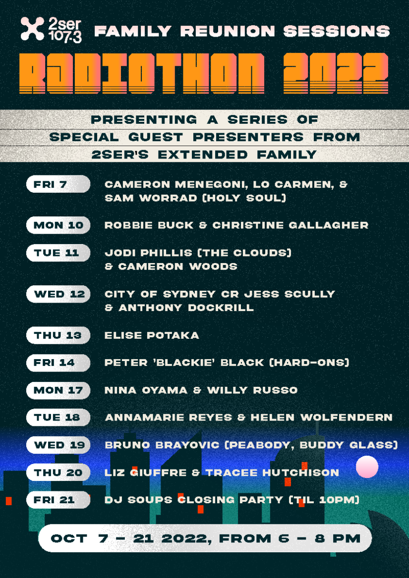 Radiothon 2022 flyer listing the special guest presenters doing radio sessions throughout Radiothon